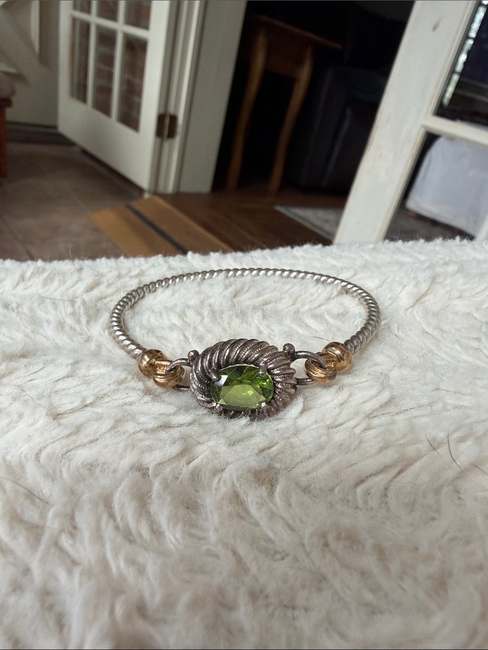 Sterling Silver Tone Bangle with Green Gemstone Accent